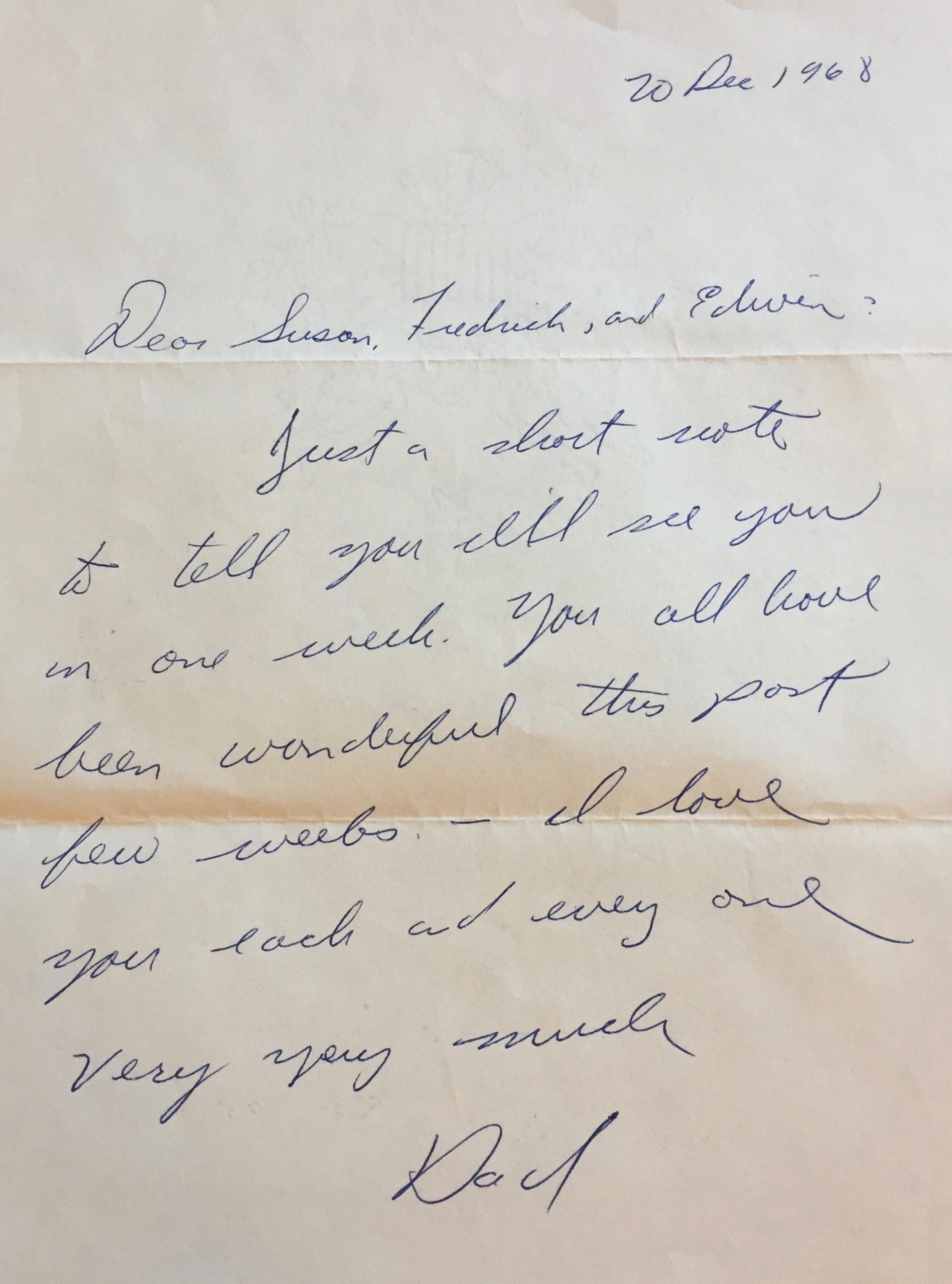 The letter Frank wrote to Susan and the boys the night before he left for the moon